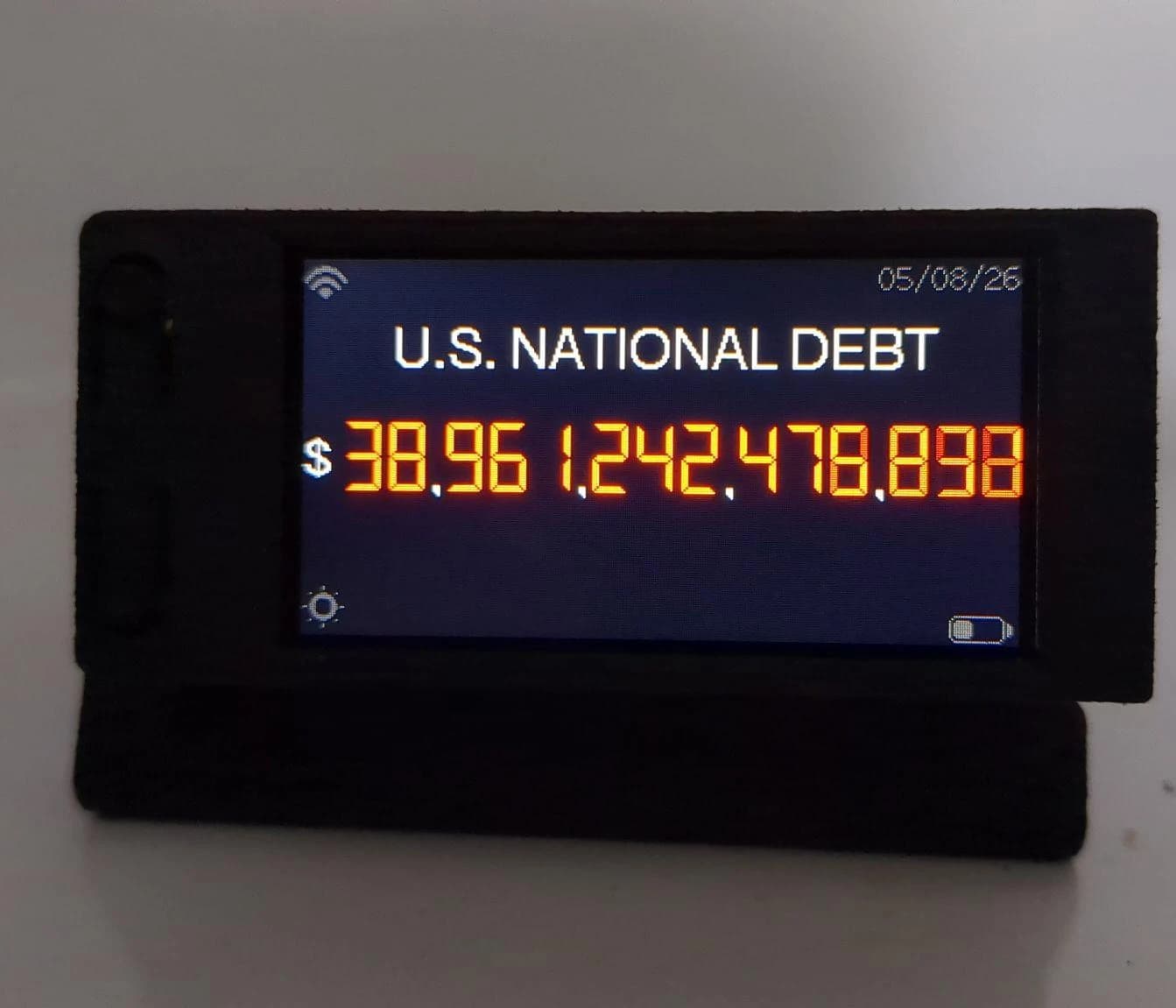 A digital display shows 'U.S. NATIONAL DEBT' and a large dollar amount.