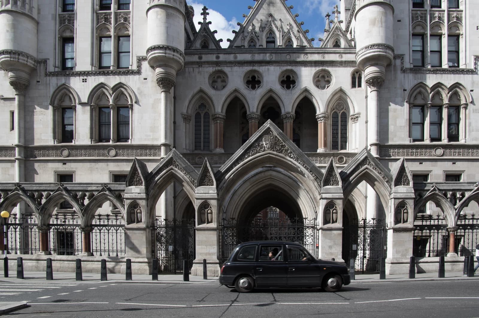 Exterior view of the High Court of Justice building in London.