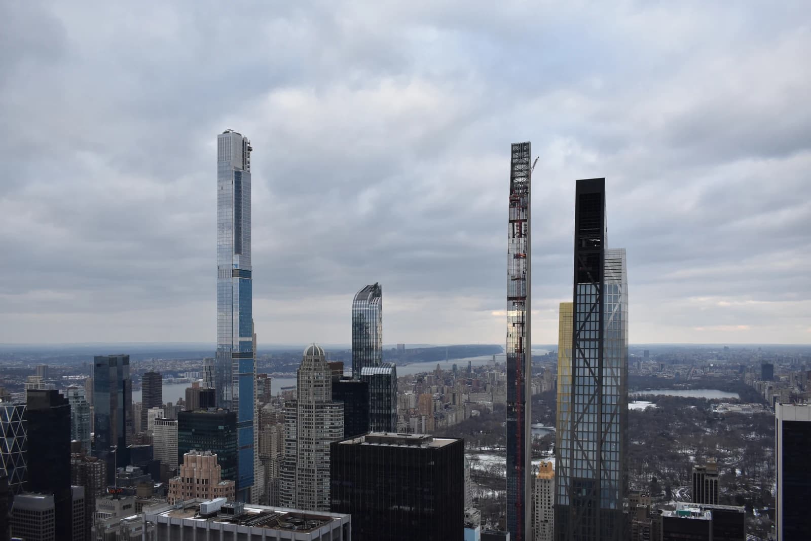 Aerial view of multiple skyscrapers on Billionaires' Row in New York City.