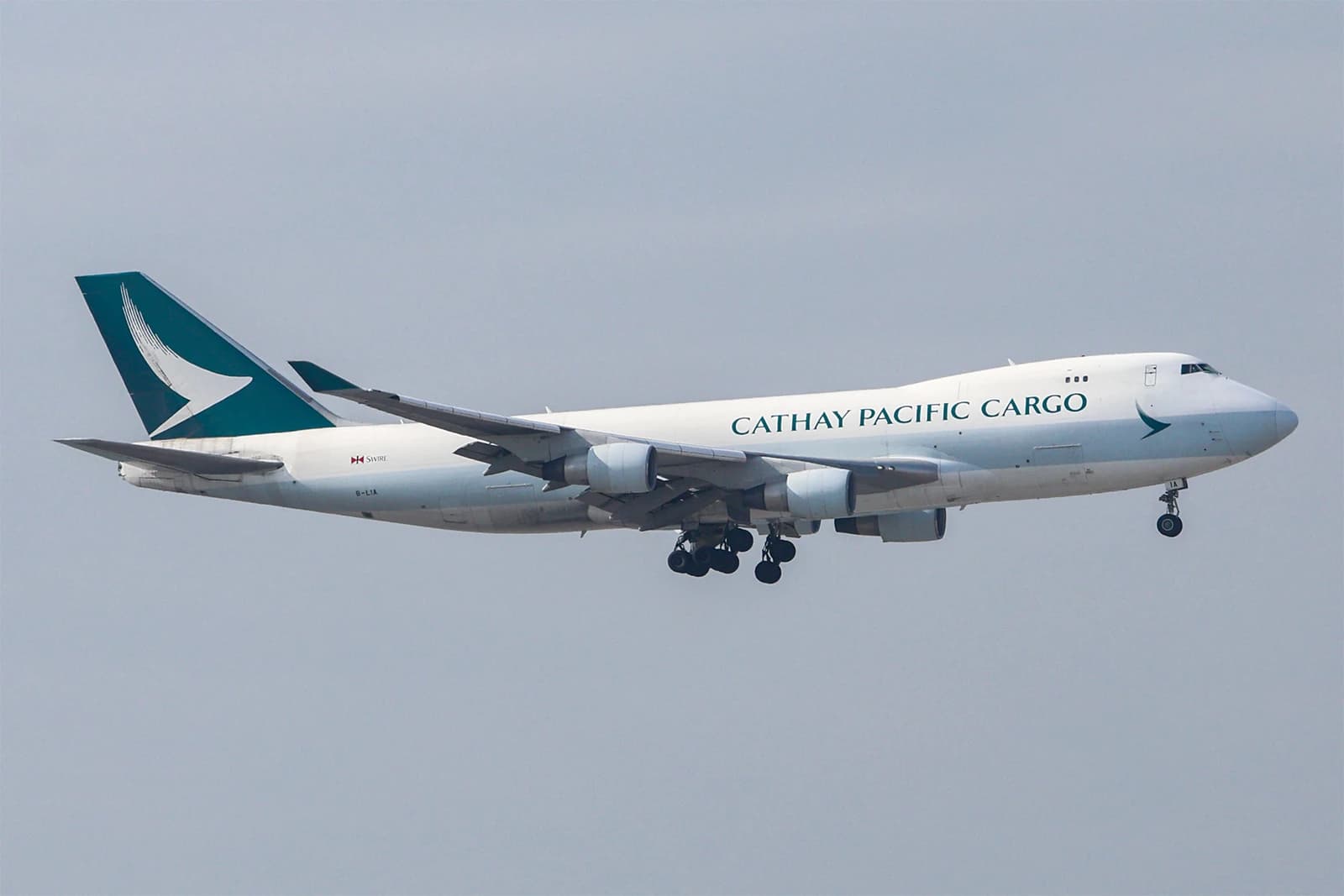 Cathay Pacific Cargo Boeing 747-467ERF aircraft on final approach at Hong Kong International Airport.
