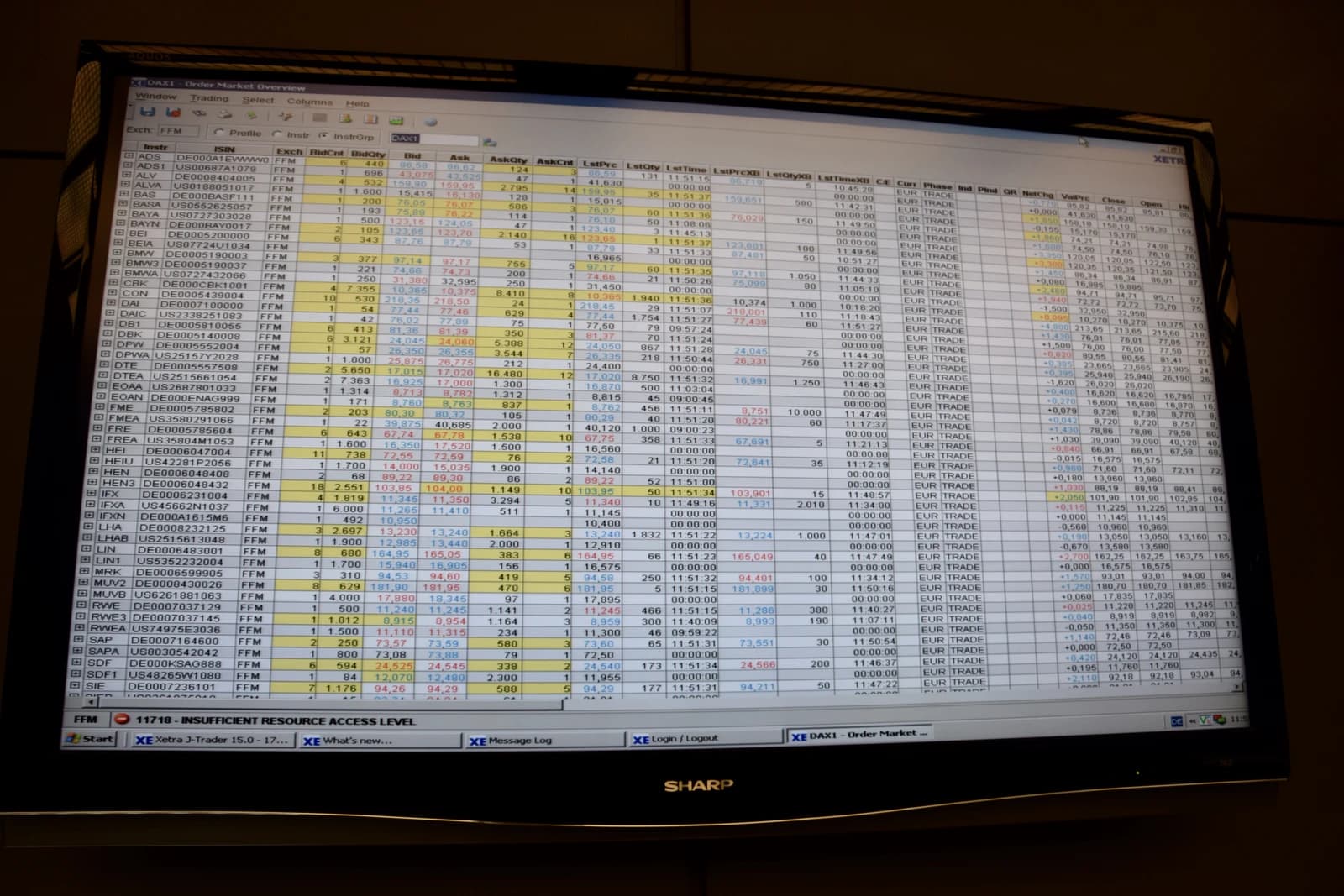 A computer monitor displaying a stock market trading interface with company symbols and prices.