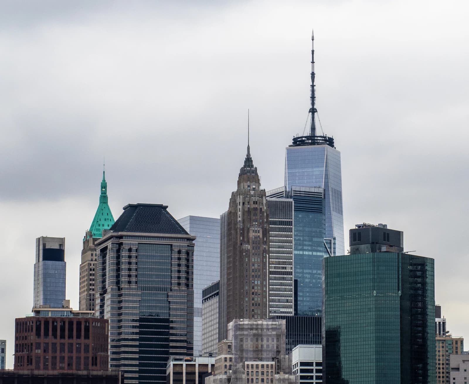 Skyscrapers of the Financial District in Manhattan on a cloudy day.