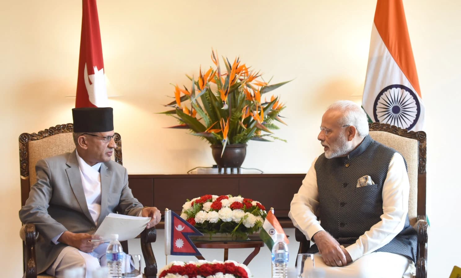 Nepal Foreign Minister Pradeep Kumar Gyawali meeting Indian Prime Minister Narendra Modi in Kathmandu.