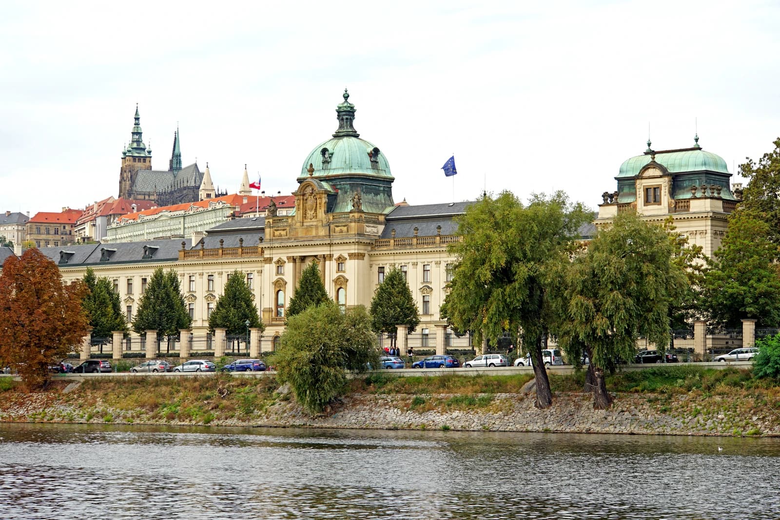 View of the Straka Academy, home of the Czech Government, along the Vltava River in Prague.
