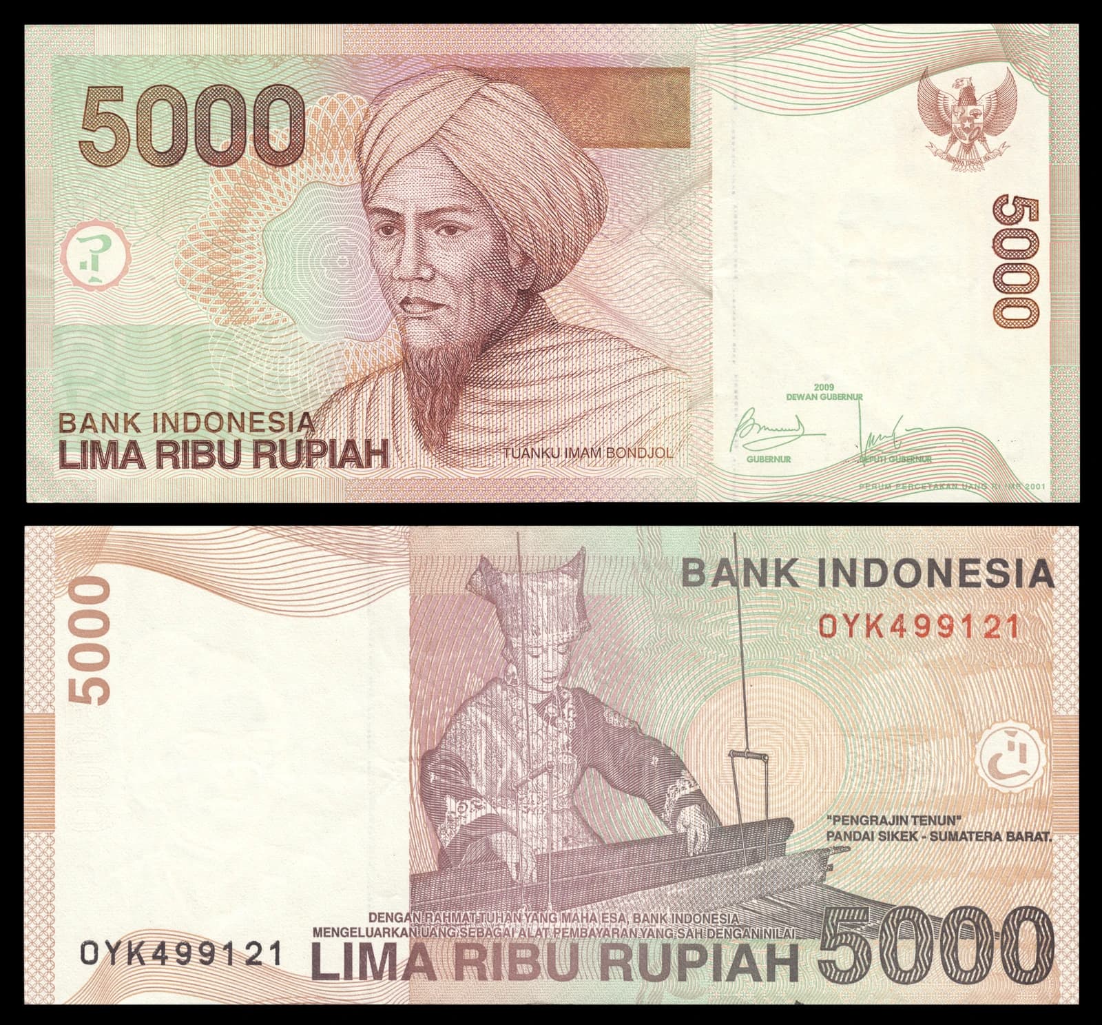 5000 Indonesian Rupiah banknote showing Tuanku Imam Bonjol and a weaver.