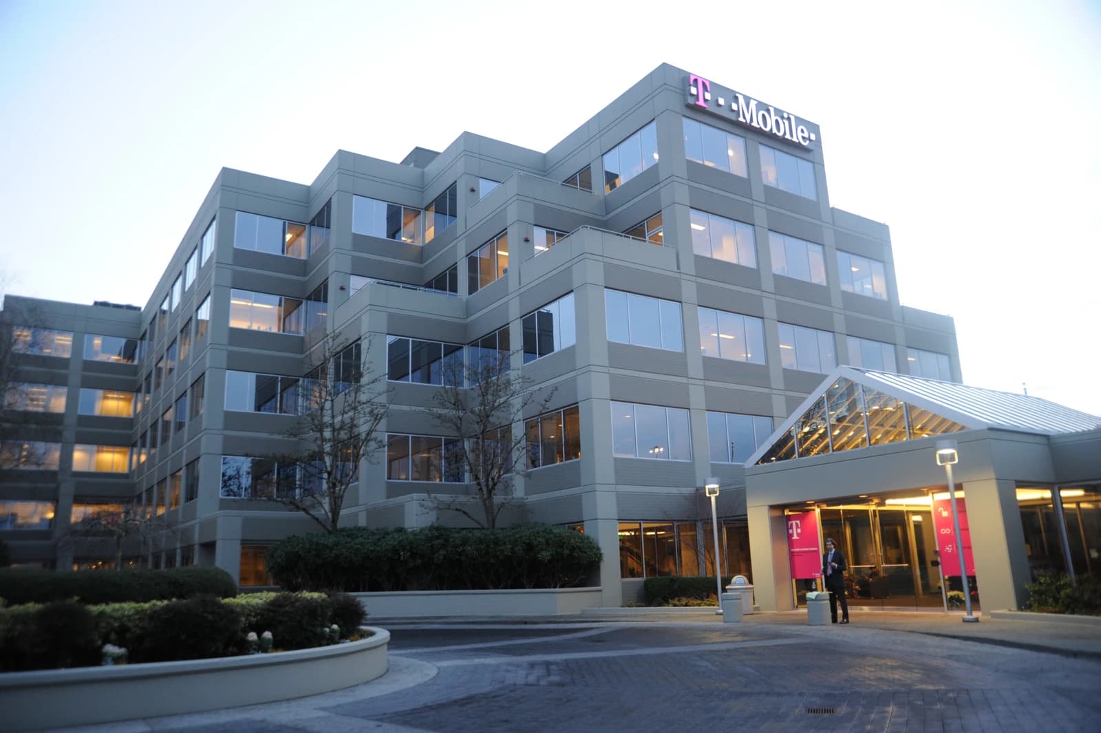 Exterior of the T-Mobile building in Bellevue, Washington, on a cloudy day.