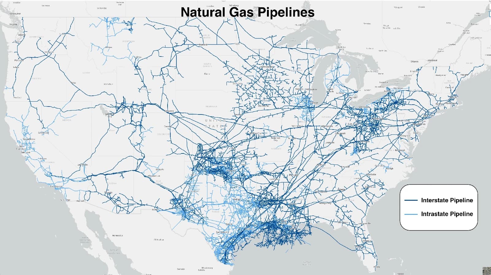 Map displaying interstate and intrastate natural gas pipelines across the USA.