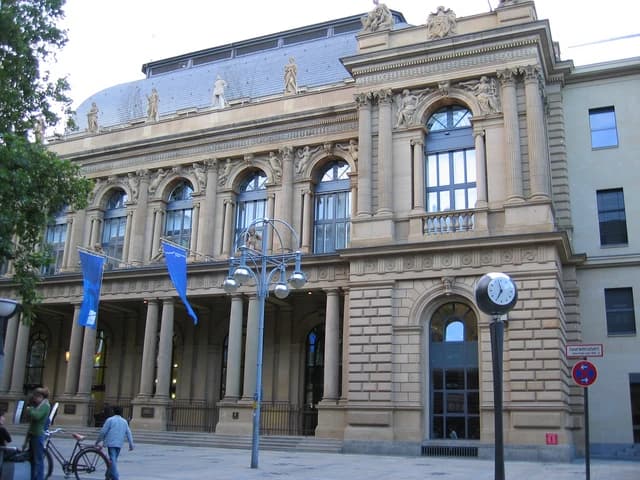 The neoclassical facade of the Frankfurt Stock Exchange building in Germany.