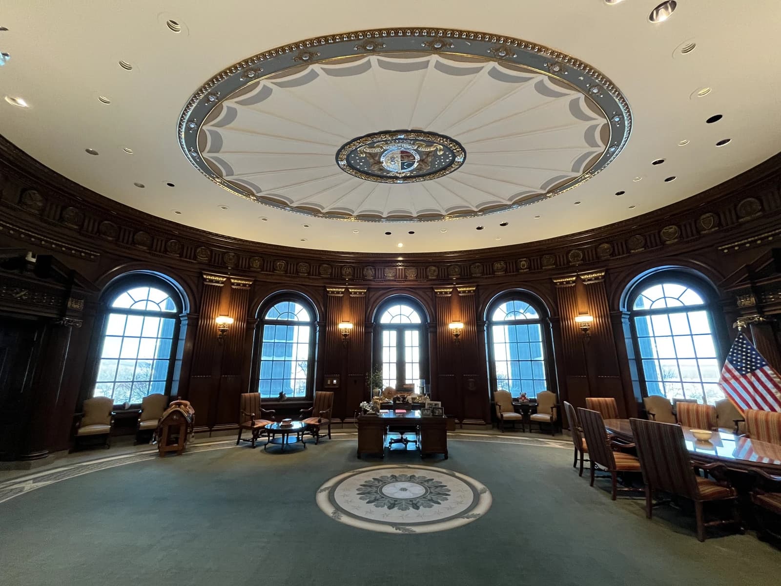 The circular, ornate interior of the Missouri Capitol Governor's Office.