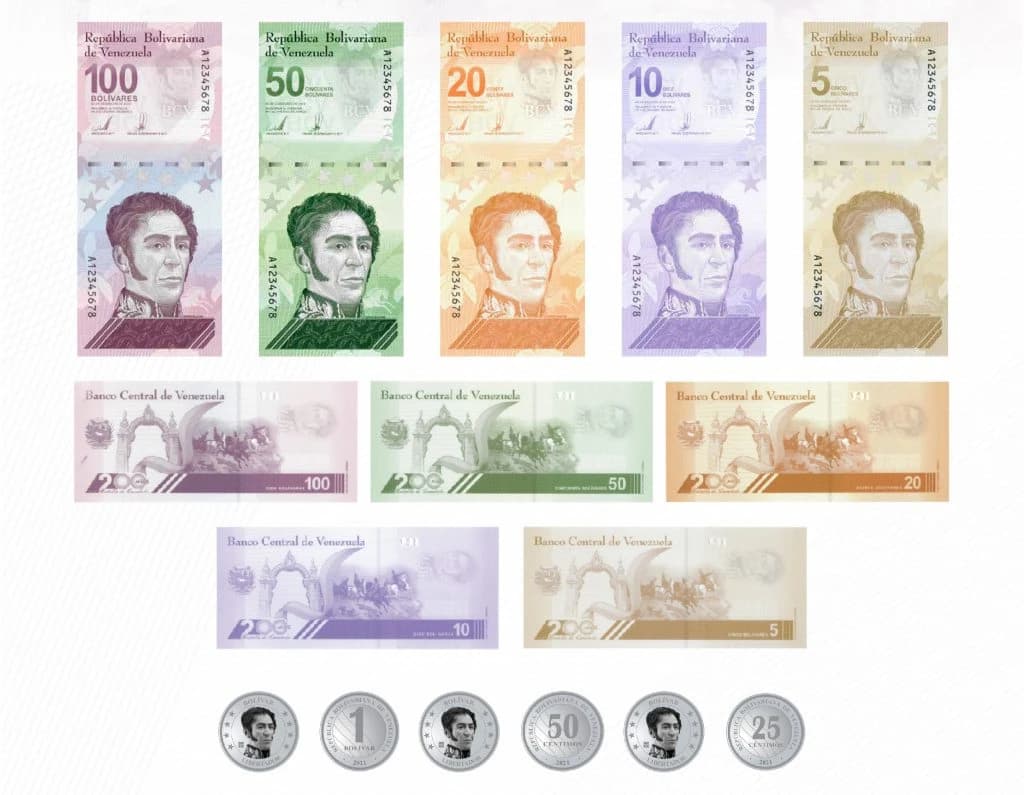 Venezuelan Bolívar banknotes and coins from the Central Bank of Venezuela.