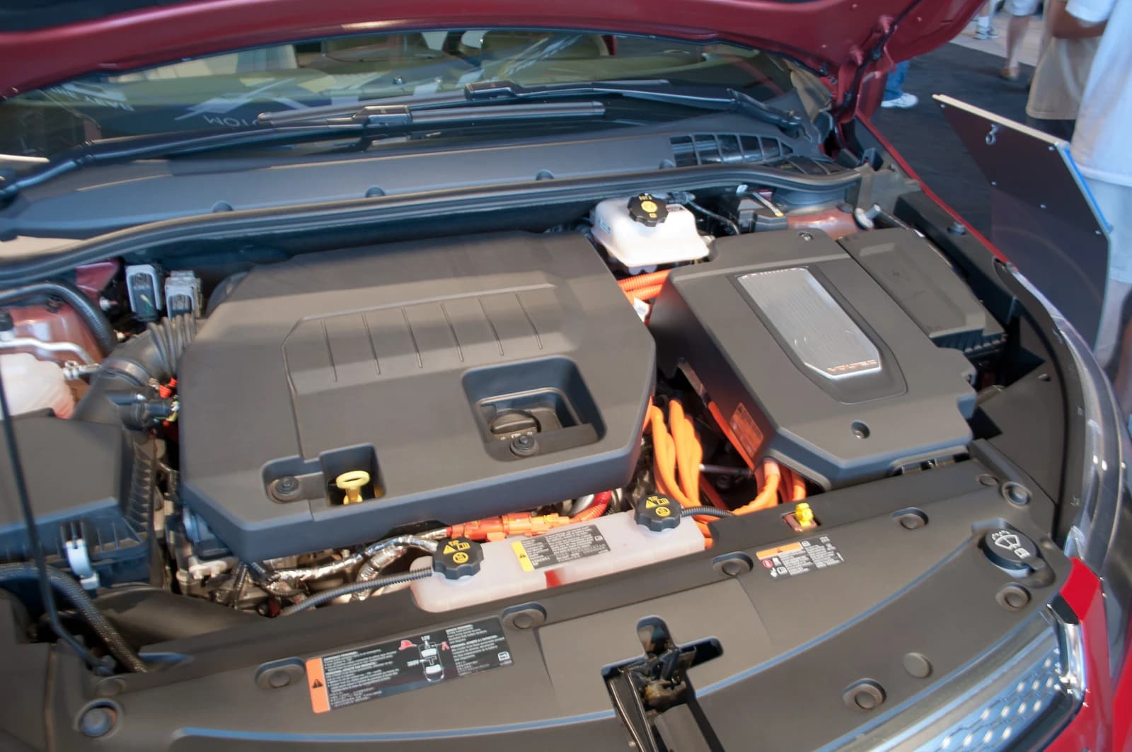 Engine bay of a Chevrolet Volt, showing the electric drive unit and gasoline engine.