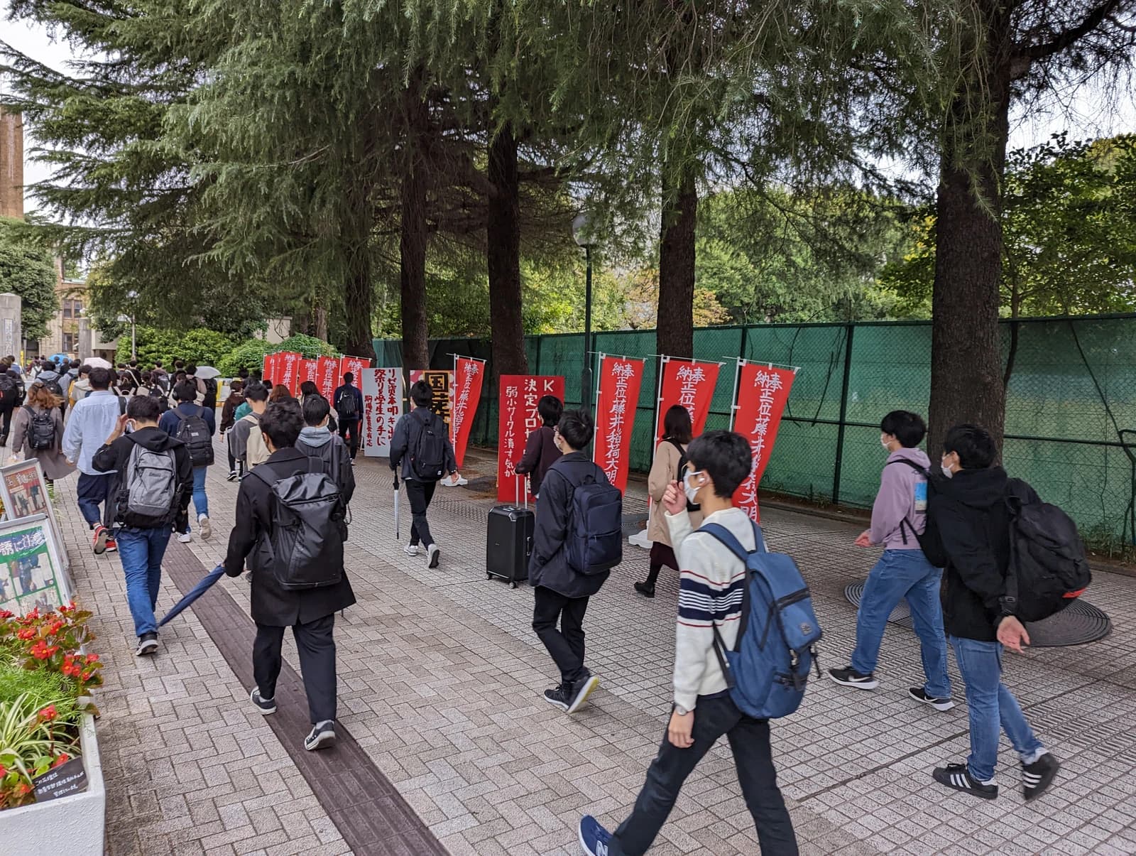 Students with backpacks walking on a tree-lined path towards a university campus.
