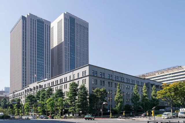 Ministry of Finance building in Tokyo, Japan, with surrounding urban environment.