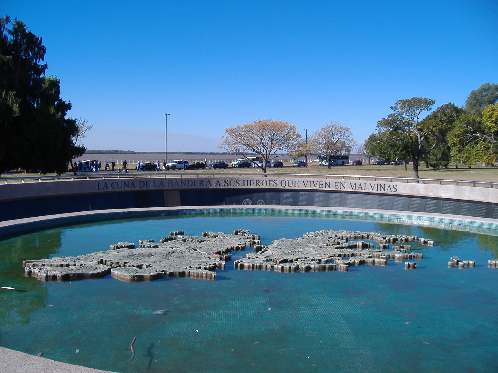 Malvinas War memorial in Rosario, Argentina, featuring a map of the islands in a fountain.