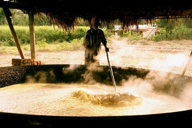Man standing under a thatched roof, stirring jaggery boiling in a large vat.