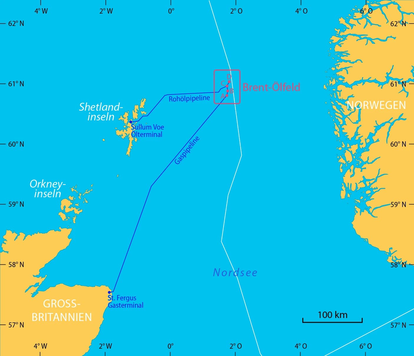 Map showing the Brent oil field location, pipelines, Shetland Islands, Orkney Islands, Great Britain, and Norway.