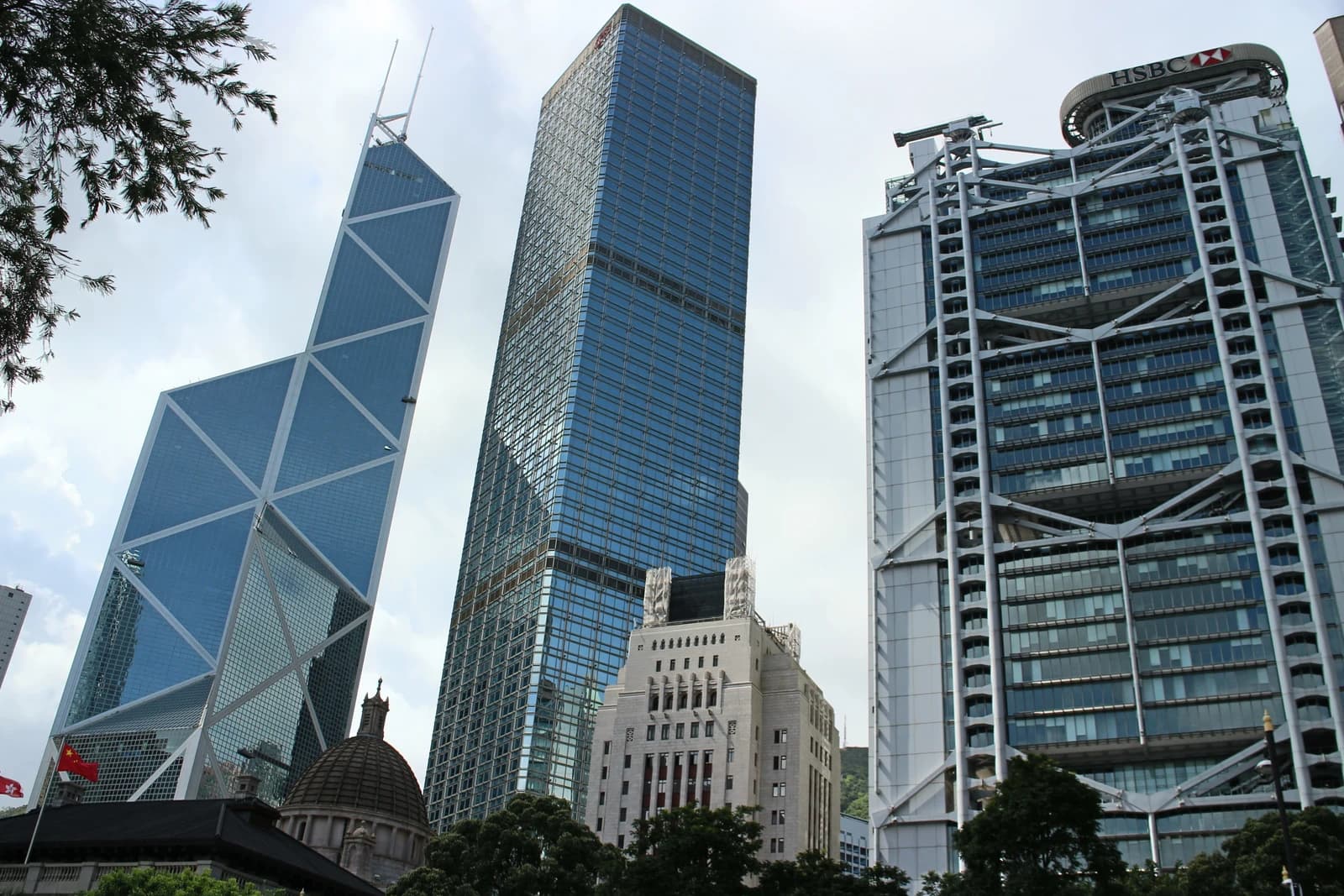 The HSBC Building and Bank of China Tower stand tall in the Hong Kong financial district.