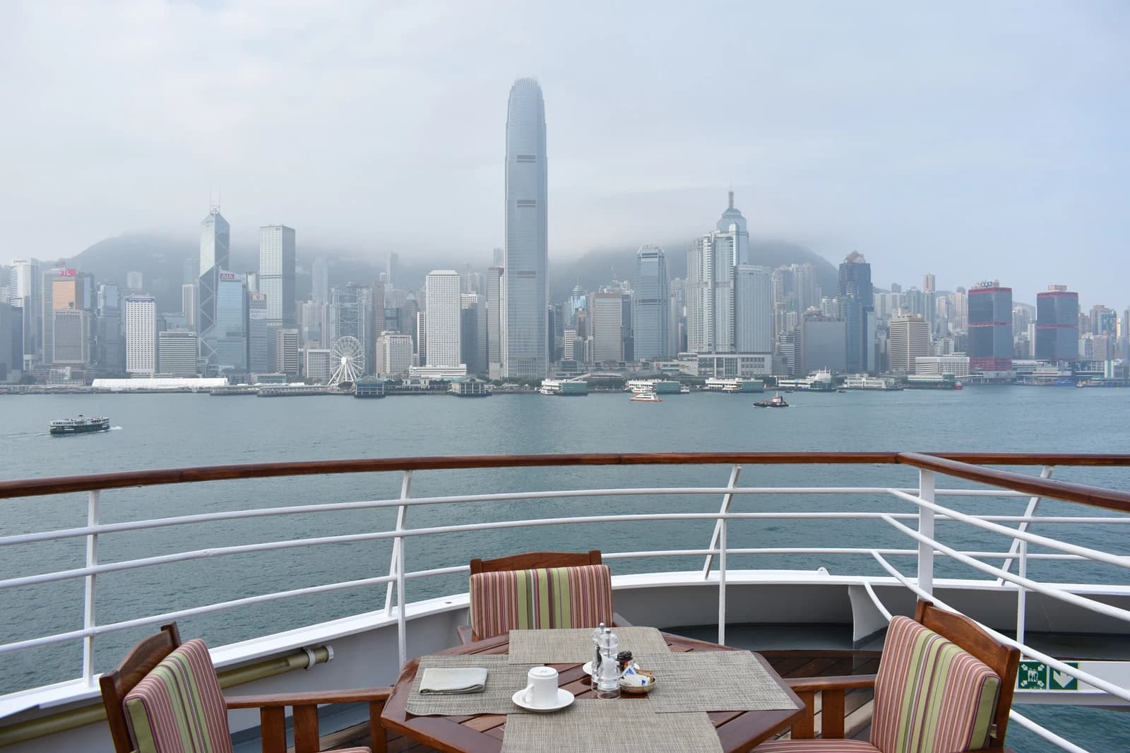 Hong Kong skyline with numerous skyscrapers along Victoria Harbour on an overcast day.