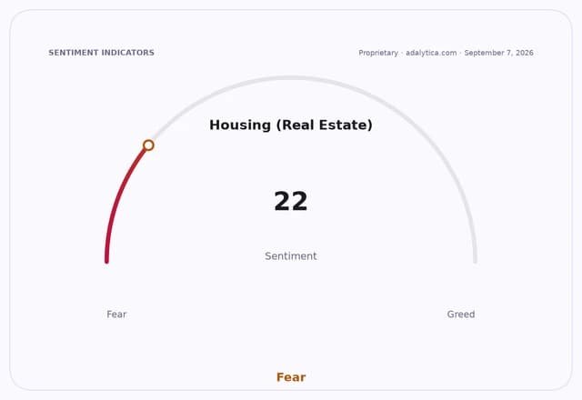 Housing (Real Estate) sentiment gauge dial pointing into the Fear zone at 22.
