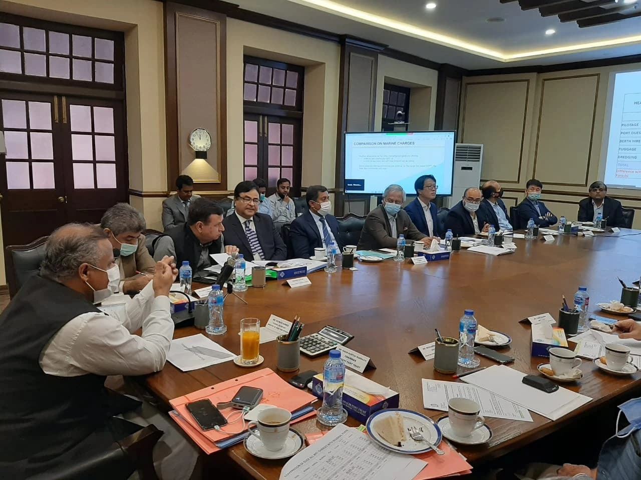 Federal Secretary Maritime Rizwan Ahmed chairs a high-level meeting at Karachi Port Trust Headquarters.
