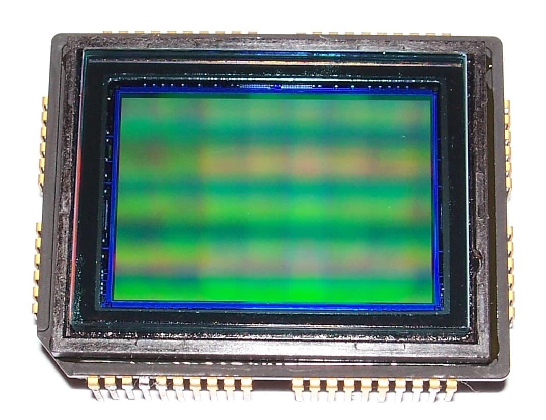 Close-up view of a Sony CCD image sensor with connection pins.