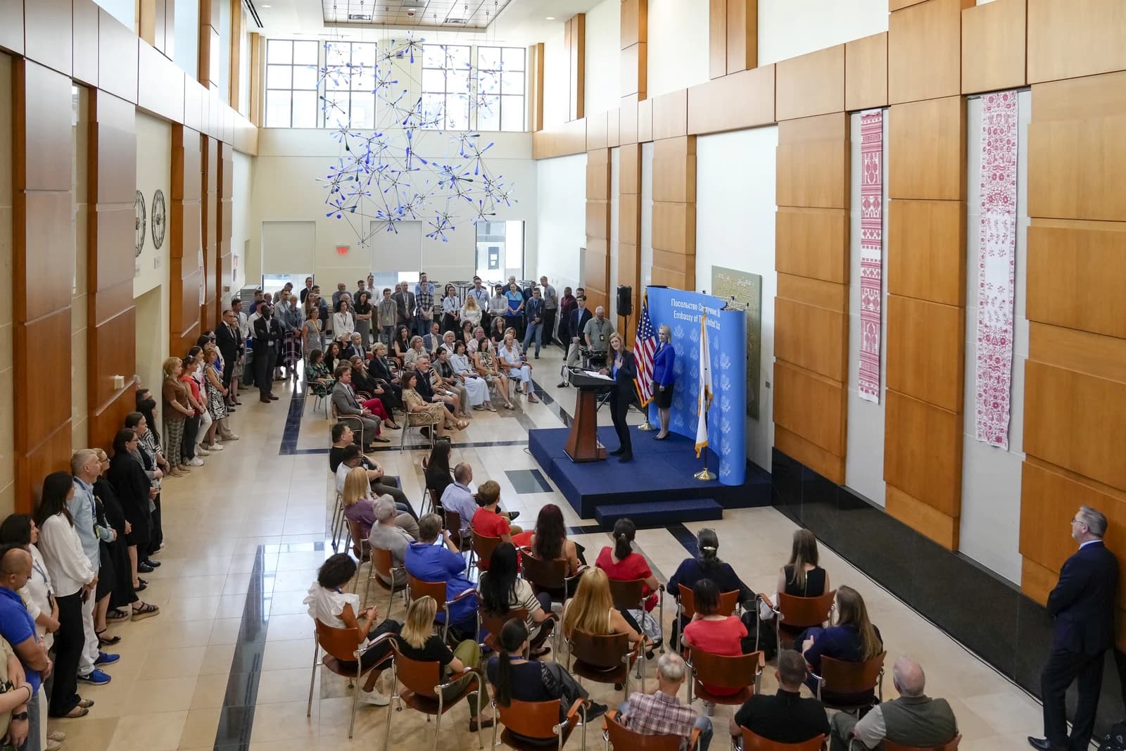 Administrator Samantha Power speaks at a podium inside the U.S. Embassy in Kyiv.
