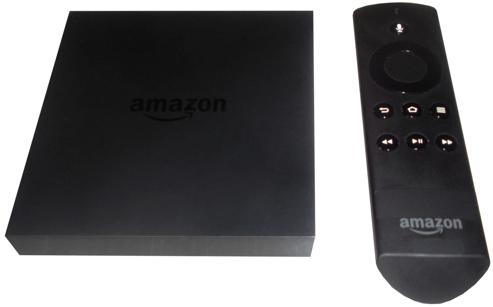 Amazon Fire TV device and remote control on a white background.