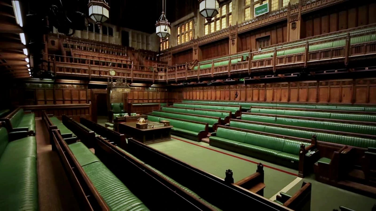 Interior of the House of Commons Chamber in the UK Parliament building.
