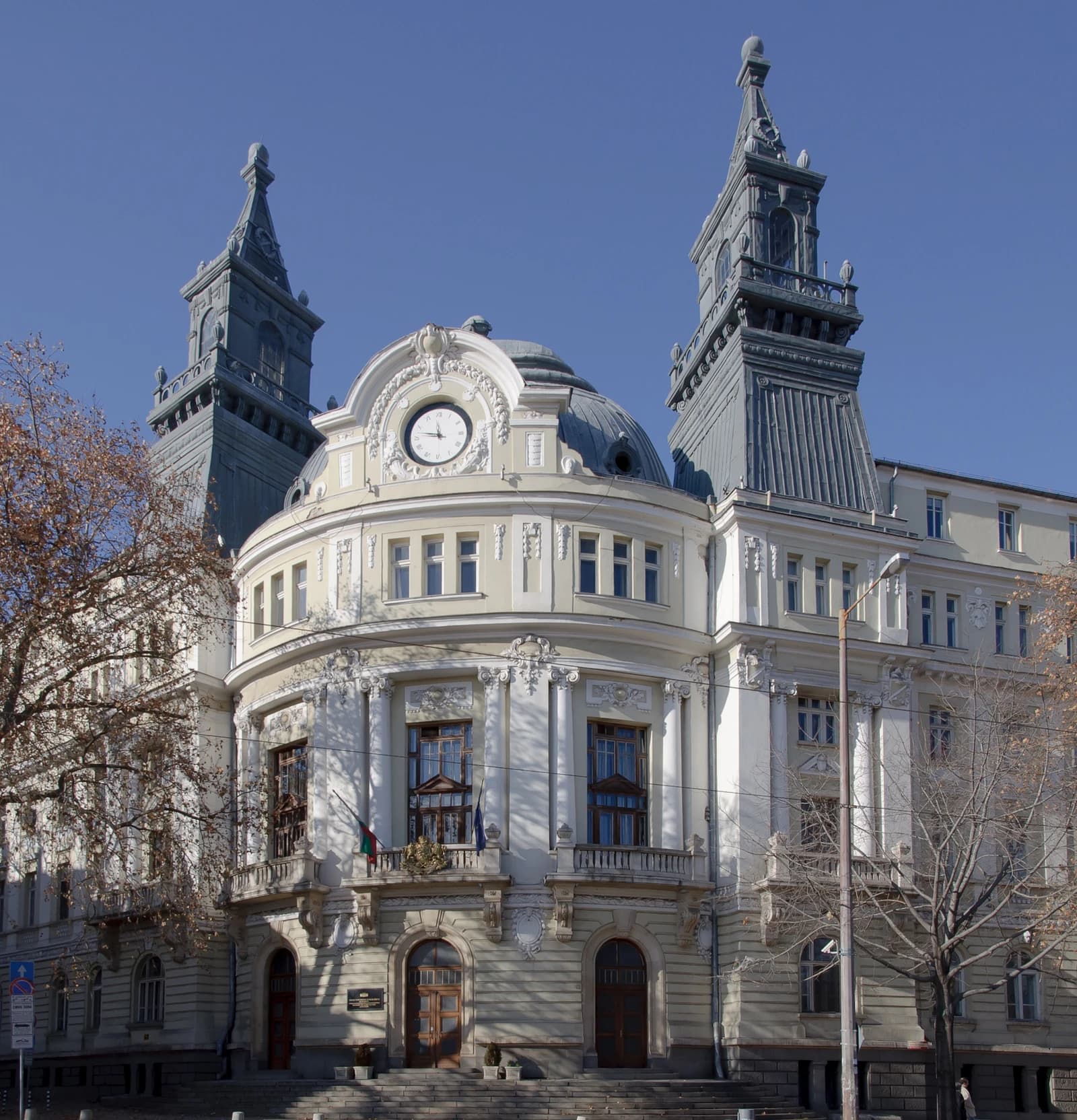 Ministry of Agriculture building, a grand white and gray stone building, in Sofia, Bulgaria.