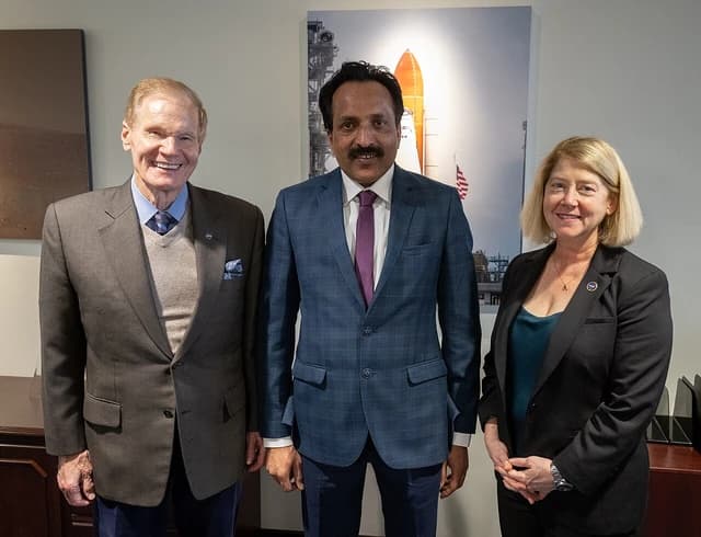 NASA Administrator Bill Nelson and Deputy Administrator Pam Melroy with ISRO Chair S. Somanath.