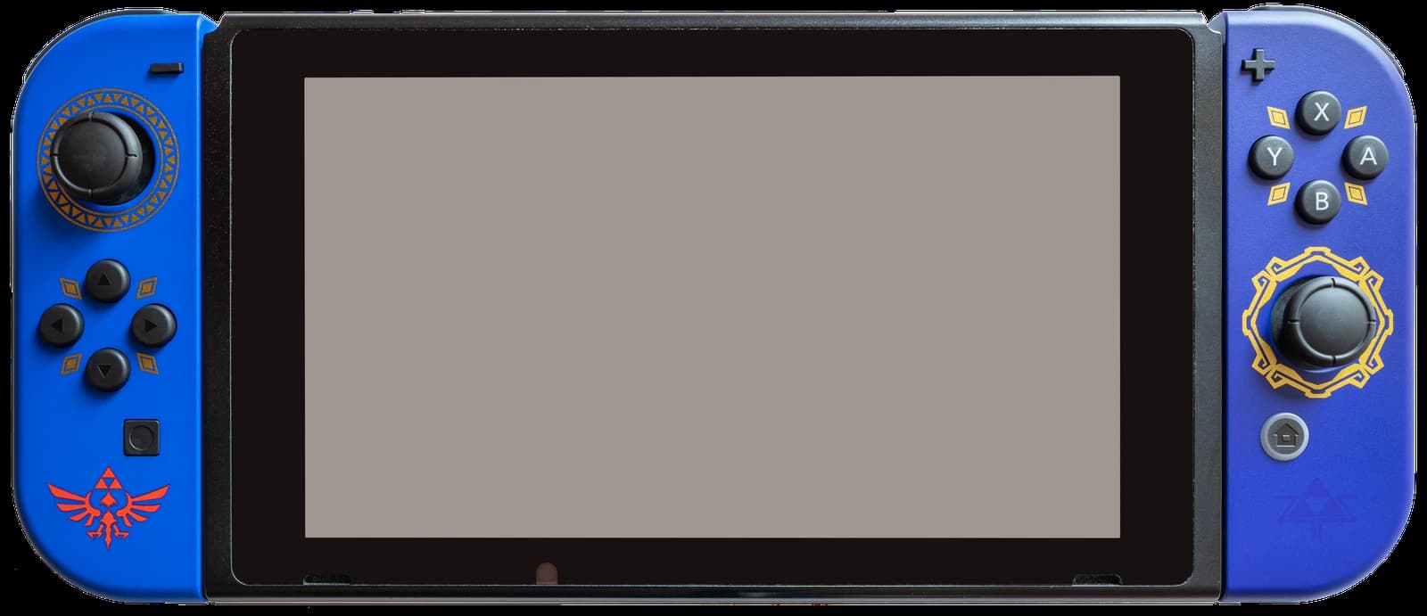Nintendo Switch console with blue and gold Joy-Cons, featuring Zelda iconography.