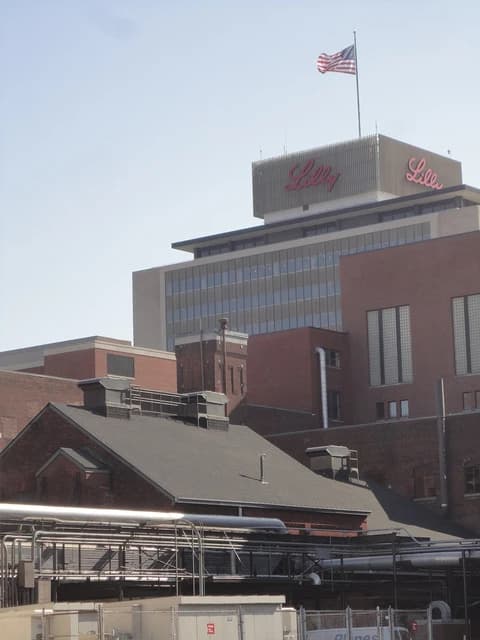 Eli Lilly and Company building with an American flag flying above the corporate logo.