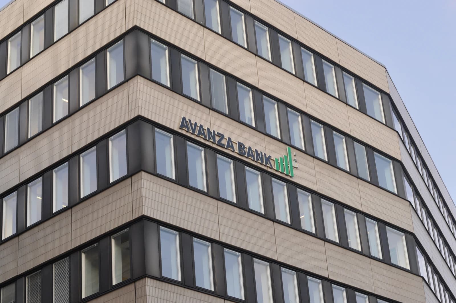 Exterior view of Avanza Bank building in Stockholm, Sweden, with its name and logo.