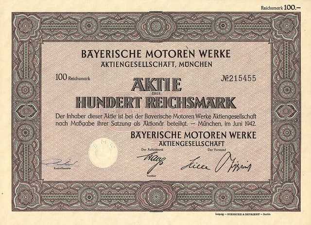 Vintage BMW stock certificate from June 1942, showing 'Bayerische Motoren Werke Aktiengesellschaft'.