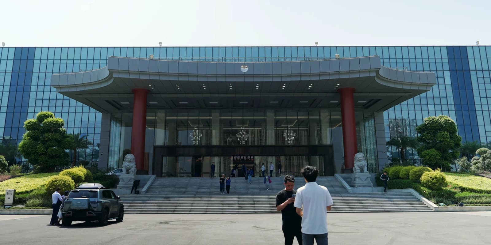 BYD Company Limited headquarters building with a traditional Chinese-style entrance and glass facade.