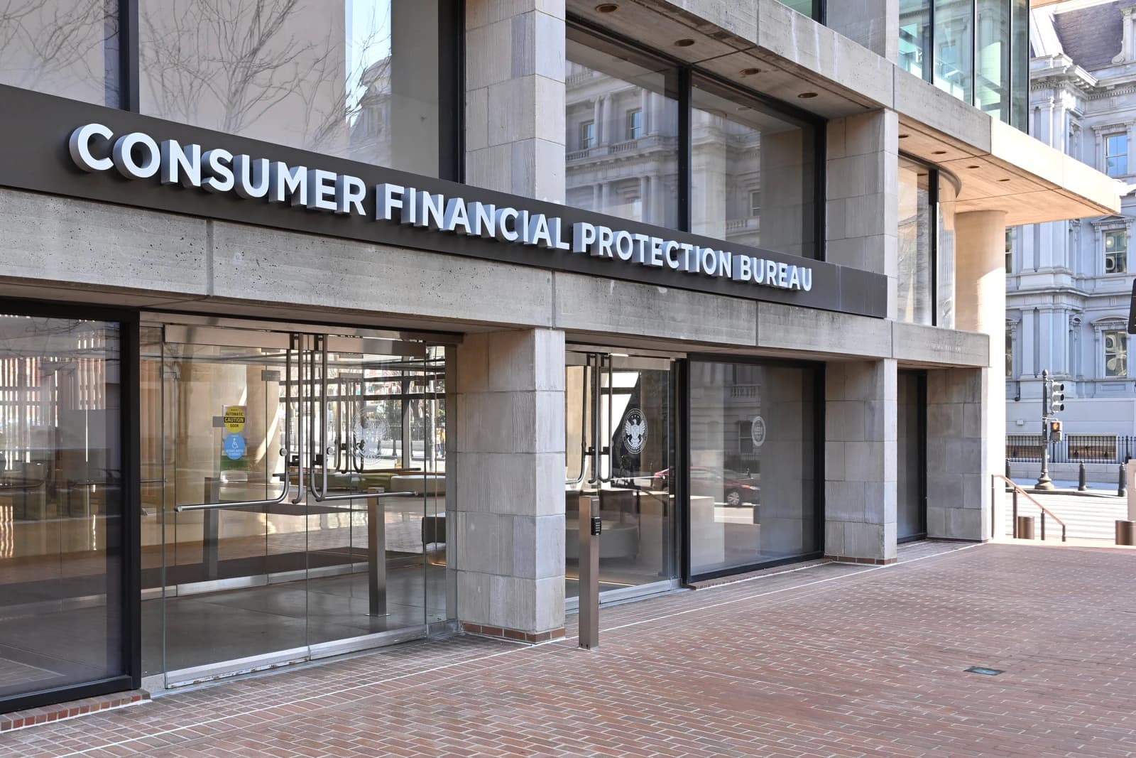 Entrance of the Consumer Financial Protection Bureau building in Washington, D.C.