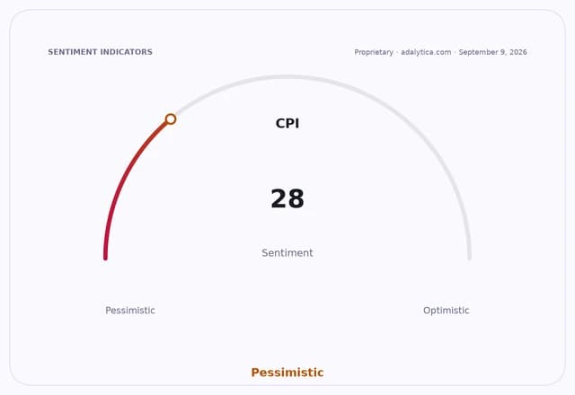 A sentiment gauge showing CPI at 28, indicating a pessimistic outlook.