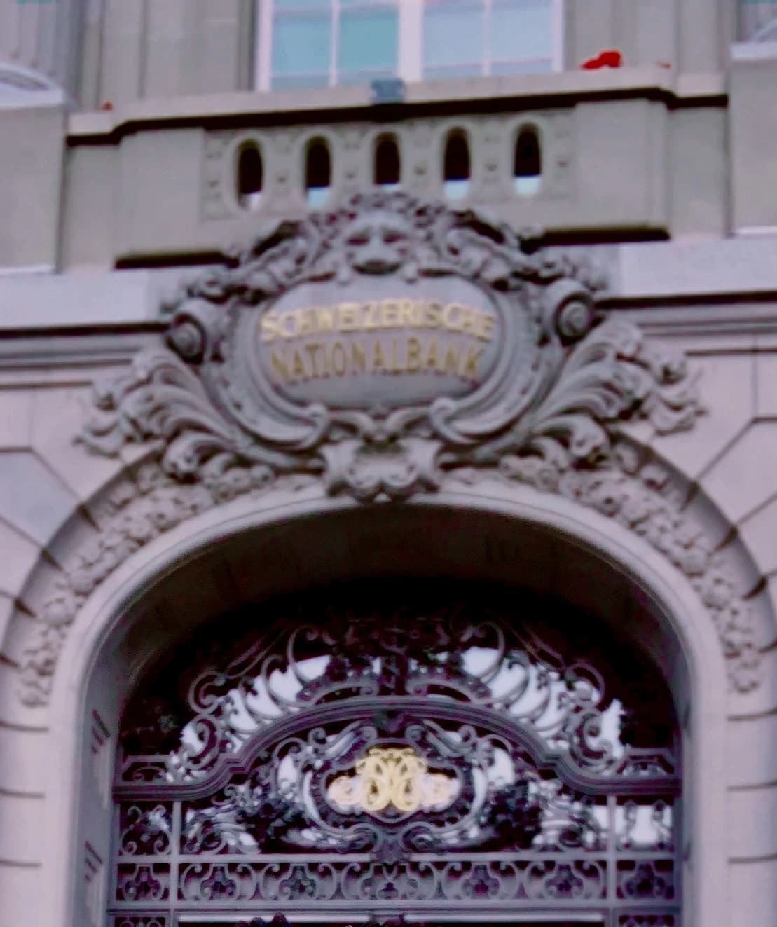 The headquarters building of the Swiss National Bank with ornate architectural details.