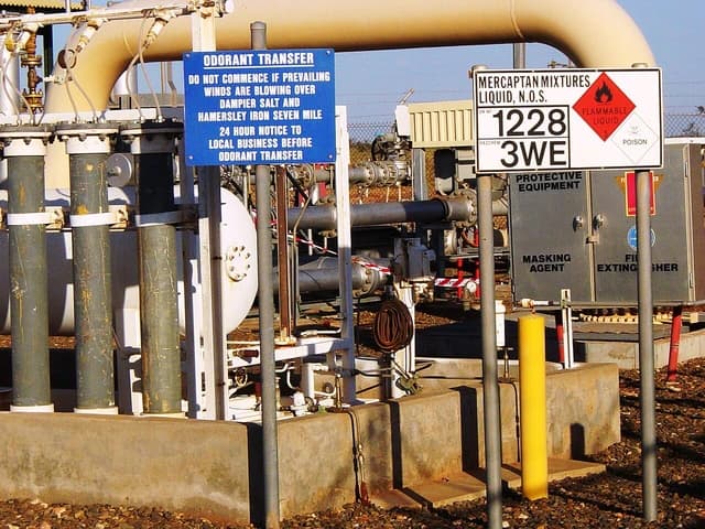 Equipment for injecting odourant into a gas pipeline at an industrial facility.