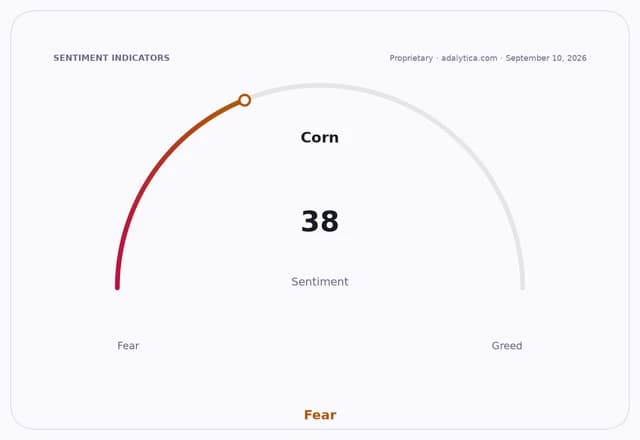 Sentiment gauge dial showing Corn sentiment at 38, pointing into the Fear zone.