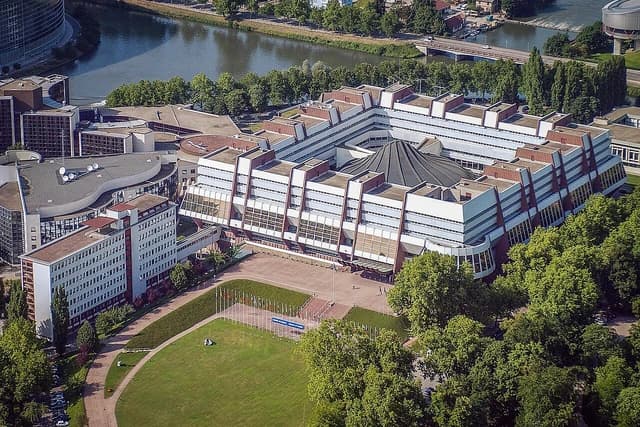 Aerial view of the Palais de l'Europe, Council of Europe headquarters in Strasbourg, France.