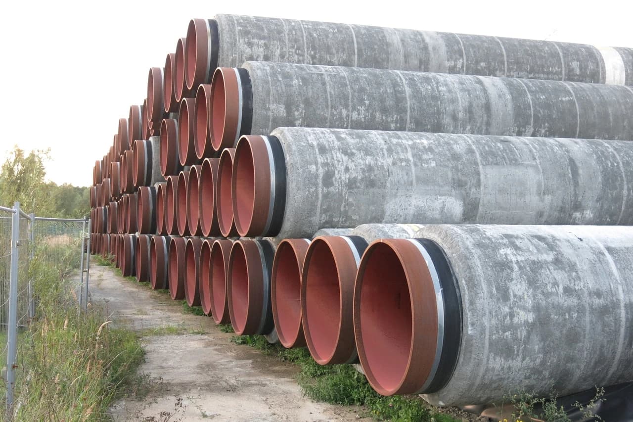 Large concrete-coated pipes stacked outdoors, likely for the Nord Stream 2 pipeline.