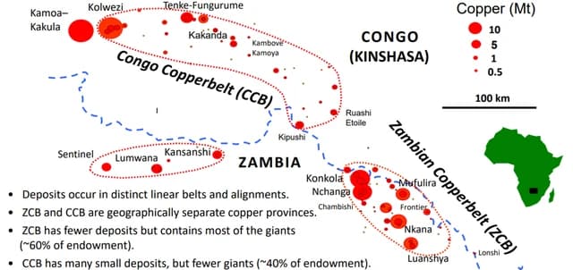 Map showing the locations of copper deposits in the Congo and Zambian Copperbelts.