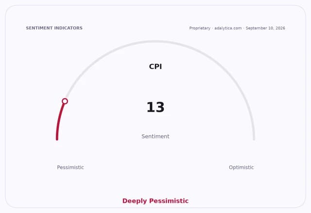 A sentiment gauge dial for CPI, currently reading 13, marked as Deeply Pessimistic.