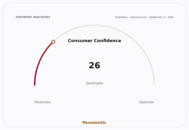 A sentiment gauge dial showing Consumer Confidence at 26, pointing to a pessimistic outlook.