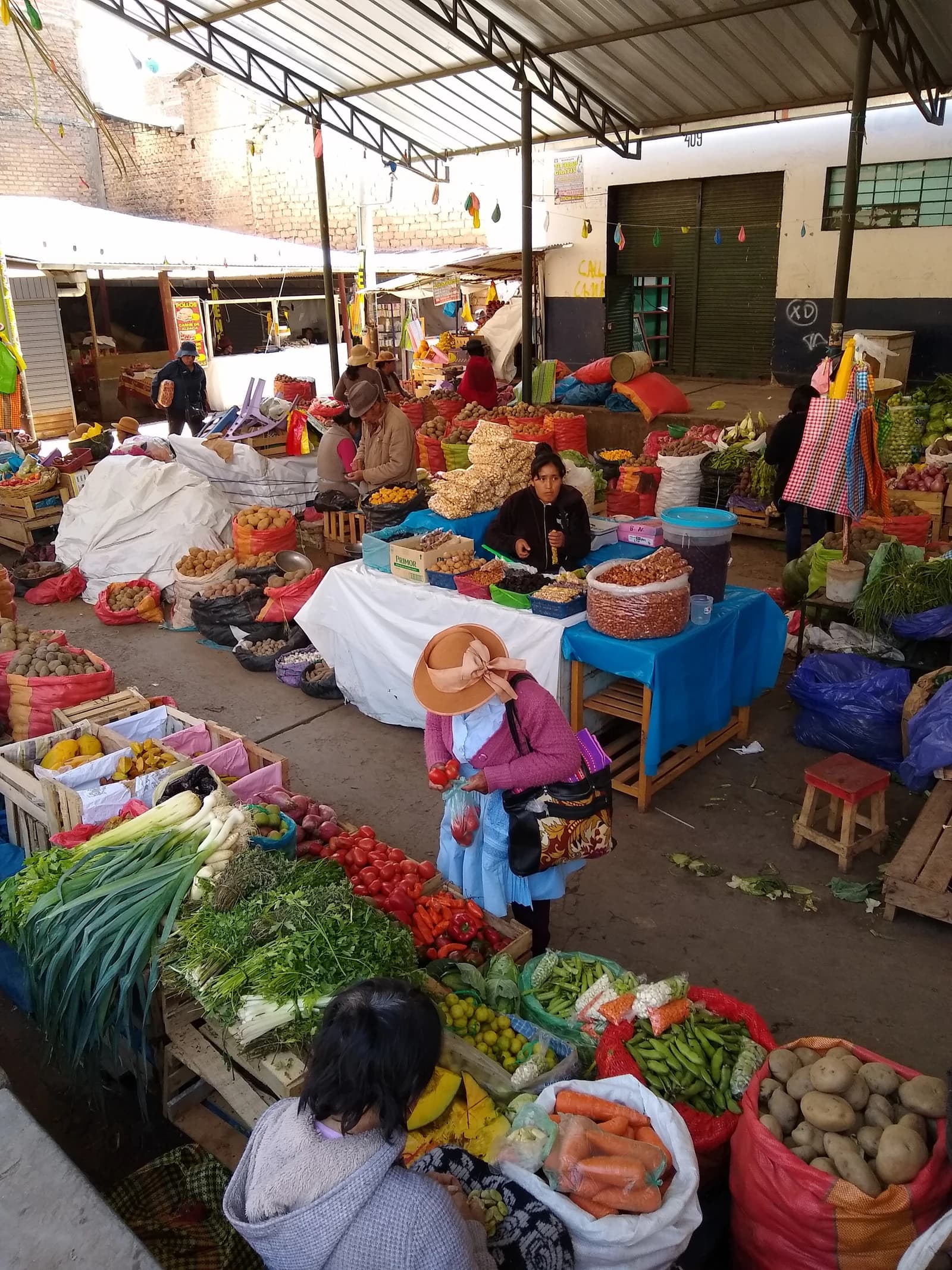 Woman in a market stall holding red tomatoes in a plastic bag.