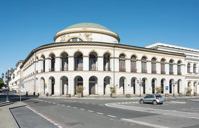 Exterior view of the historic Polish Stock Exchange building in Warsaw.