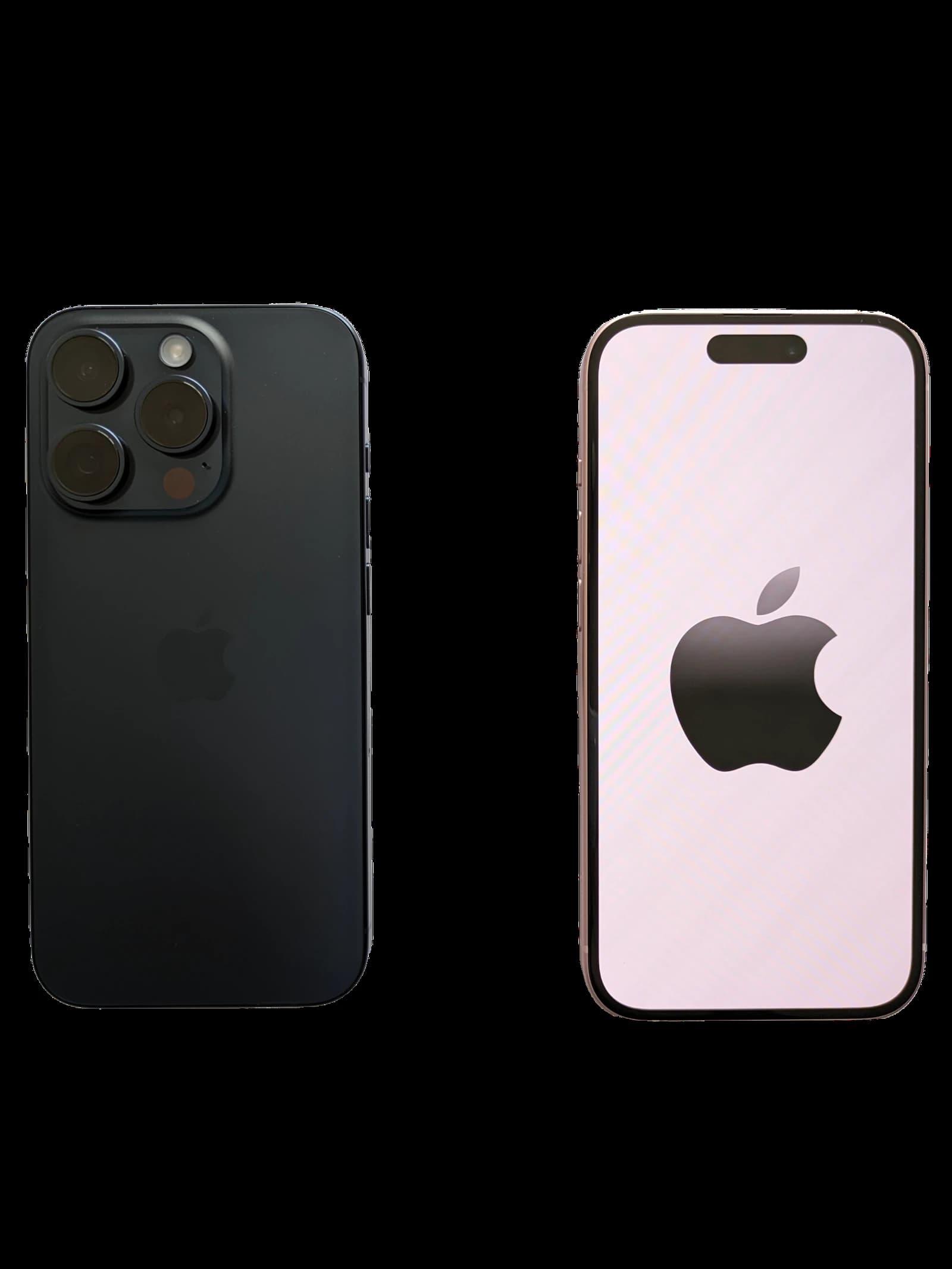 Two Apple iPhones, one showing its back, the other its screen with an Apple logo.