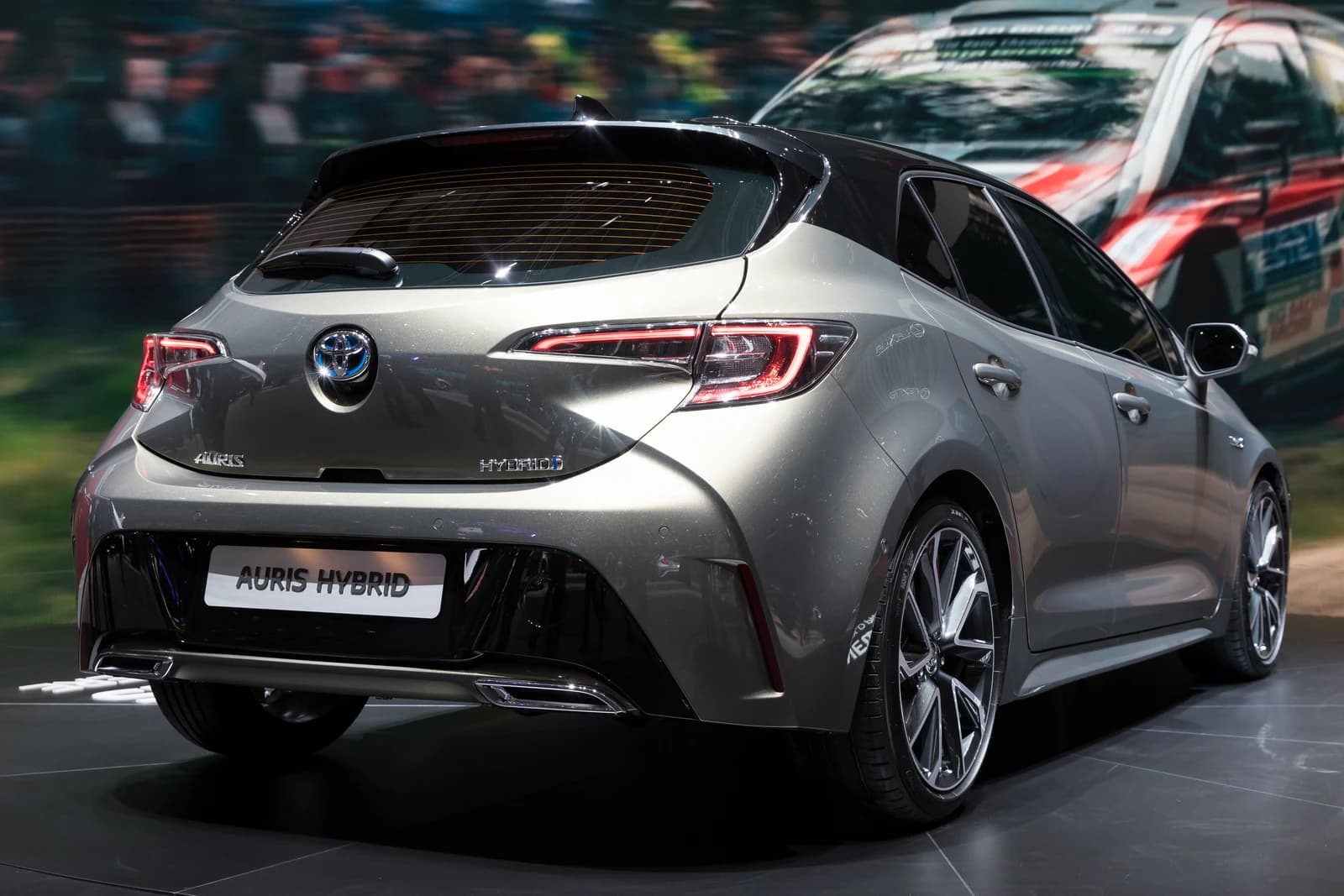 Grey Toyota Auris Hybrid on display at the Geneva International Motor Show.