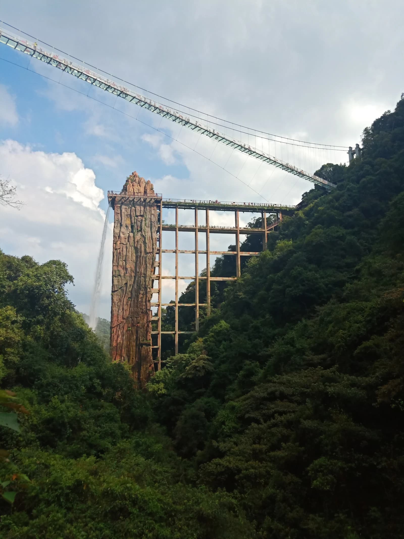 Glass bridge and waterfall integrated into a natural rocky pillar within a forested landscape.